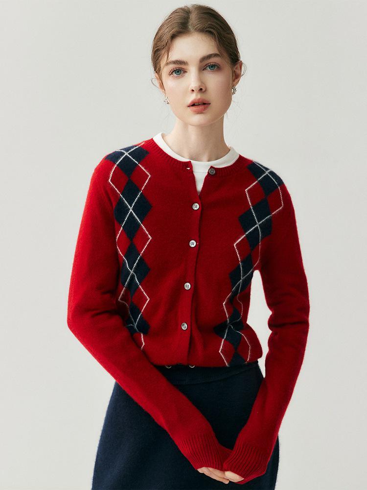 Women's Retro Rhombus Plaid Cashmere Cardigan Coat - Autumn/Winter Thick Knit Sweater
