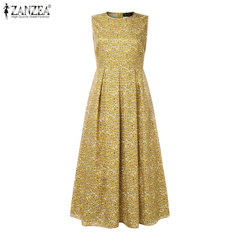 ZANZEA Women Casual Round Neck Summer Sleeveless Floral Print Dress