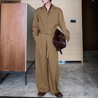 Two Piece Suit Men Lapel Neck Striped Long Sleeve Shirts Trousers Casual Loose Sets