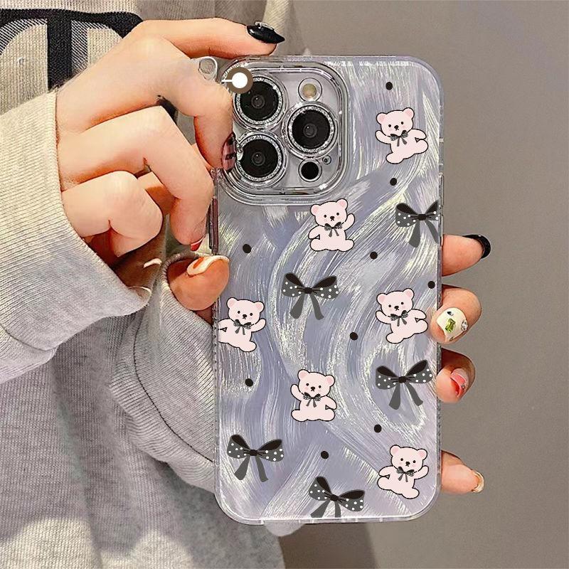 Bow Bear Suitable for Apple 16promax Mobile Phone Case Feather Iphone15 Flash Powder 13 Women's Model 14