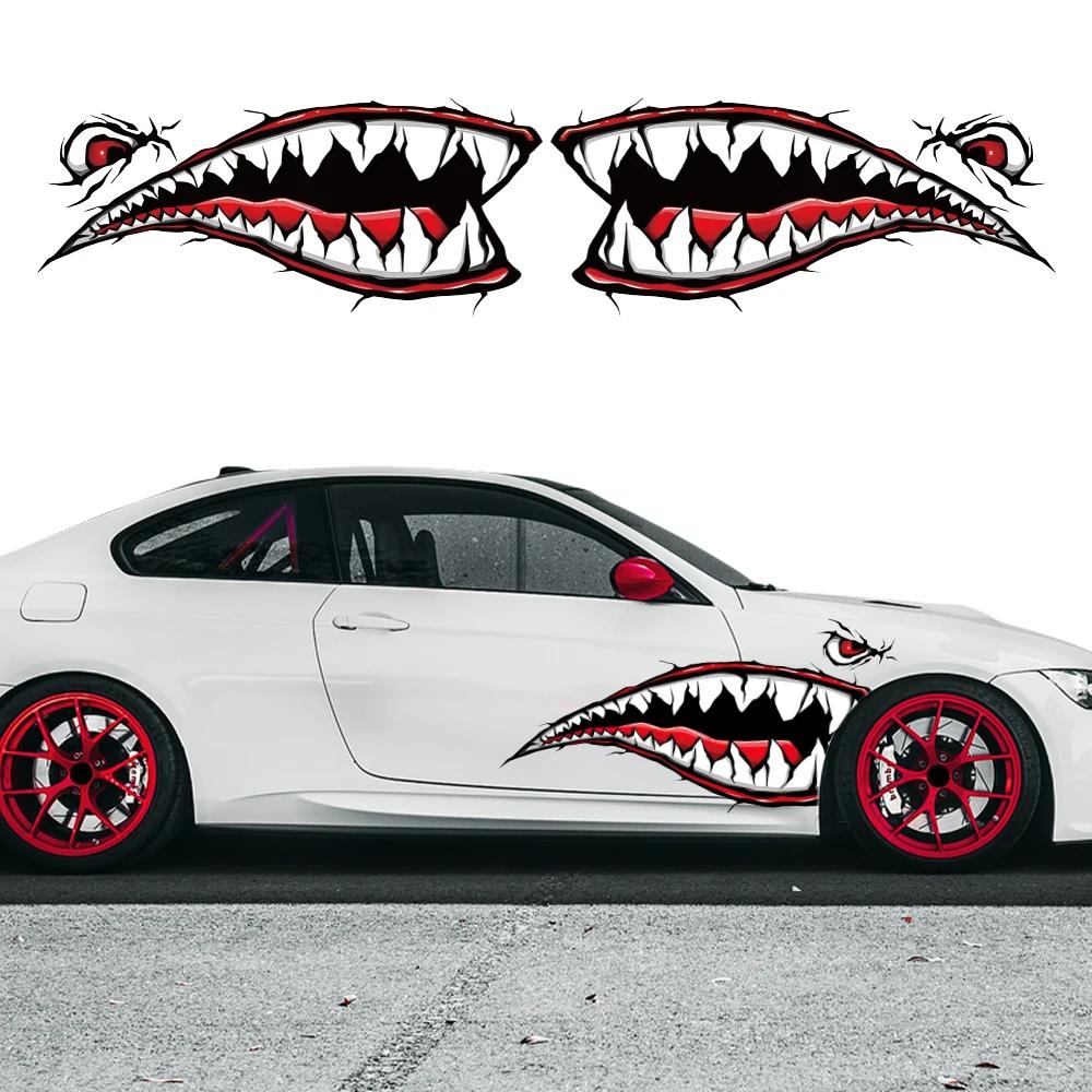 2pcs Funny Cartoon Car Stickers Shark Mouth Tooth Teeth Stylish Fun Graphics PVC Waterproof Stylish Sticker for Car DIY Decals