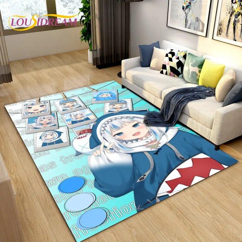 Cute Anime Gawr Gura Hololive Shark Area Rug,Carpet Rug for Living Room Bedroom Sofa Doormat Decoration, Kids Non-slip Floor Mat
