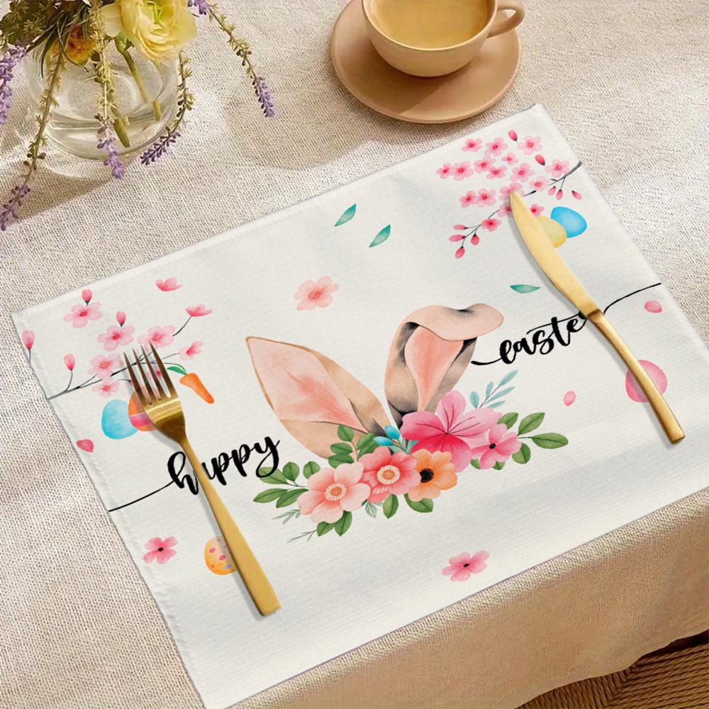 Пасхальный кролик Цветочная салфетка Счастливой Пасхи Настольная салфетка С ушами кролика и цветами Декоративная кухонная льняная салфетка Для весеннего празднования 30x45cm-4Pcs