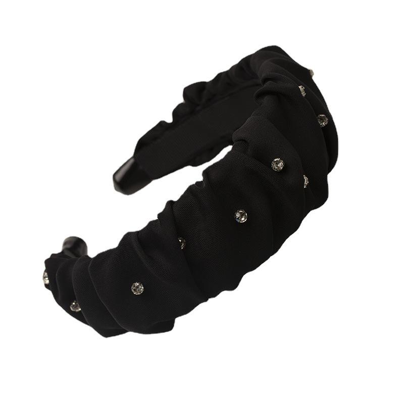 Korean Black Diamond Pleated Satin Headband: Non-Slip Wide-Brim Hair Accessory