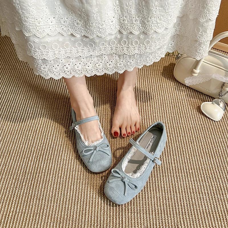 2025 Women's Fashion Single Shoes Spring New Round Head Shallow Mouth Bow Lace Metal Buckle Soft Sole Non-slip Flat Shoes