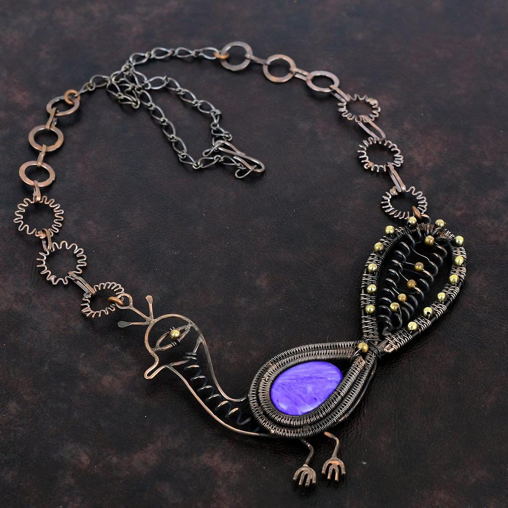 Charoite Necklace Copper Wire Wrapped Gemstone Necklace Adjustable Chain Necklace Peacock Necklace Handmade Necklace For Gift Copper Jewelry