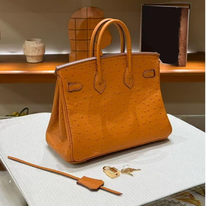 26 New Genuine Leather Women s Bag With Ostrich Patterned Cowhide, Light Luxury Fashion, Gold Buckle, Platinum Bag, Handbag, Cross-border 25x13x20cm
