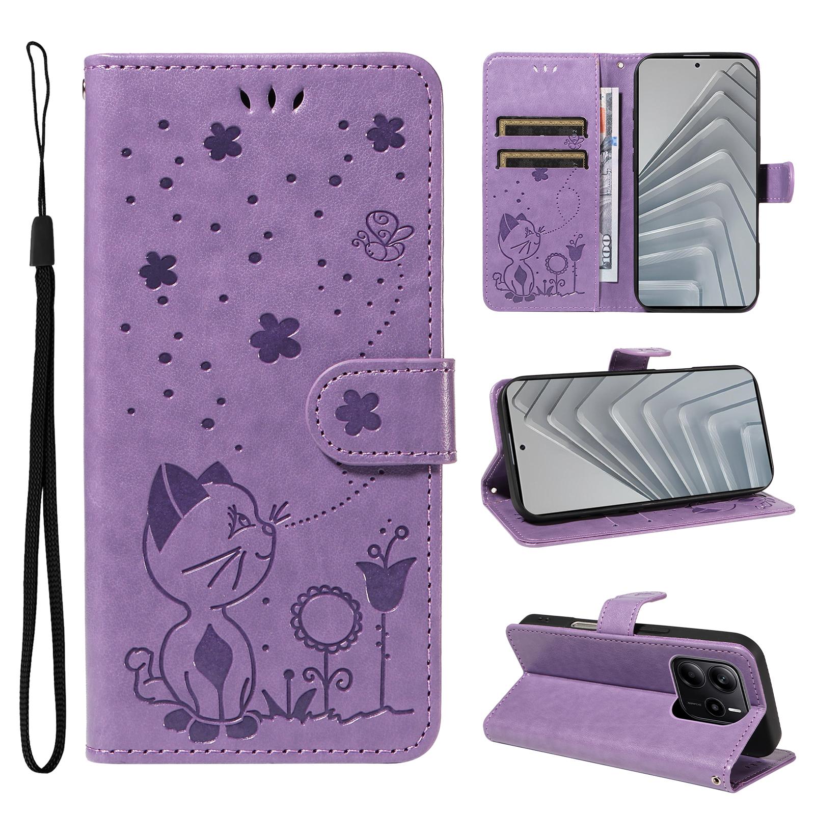 

Для Xiaomi Redmi Note 14 4G (163,25 мм) Кожаный чехол с рисунком кошки и пчелы, чехол-кошелек со стендом и ремешком для телефона Purple