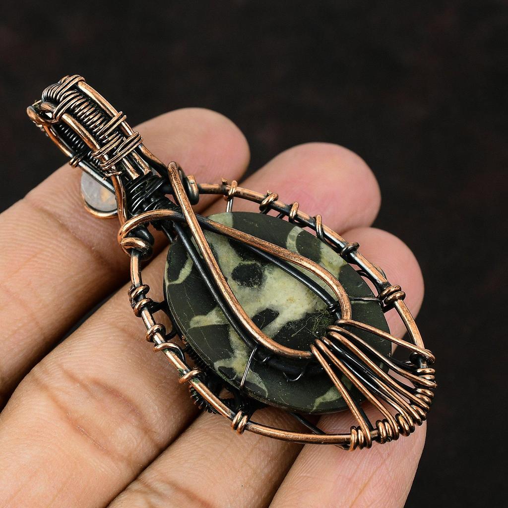 Evil Eye Moroccan Mud Crack Fossil Copper Wire Wrapped Pendant Gemstone Jewelry Handmade Pendant Rainbow Moonstone Pendant Evil Eye Jewelry
