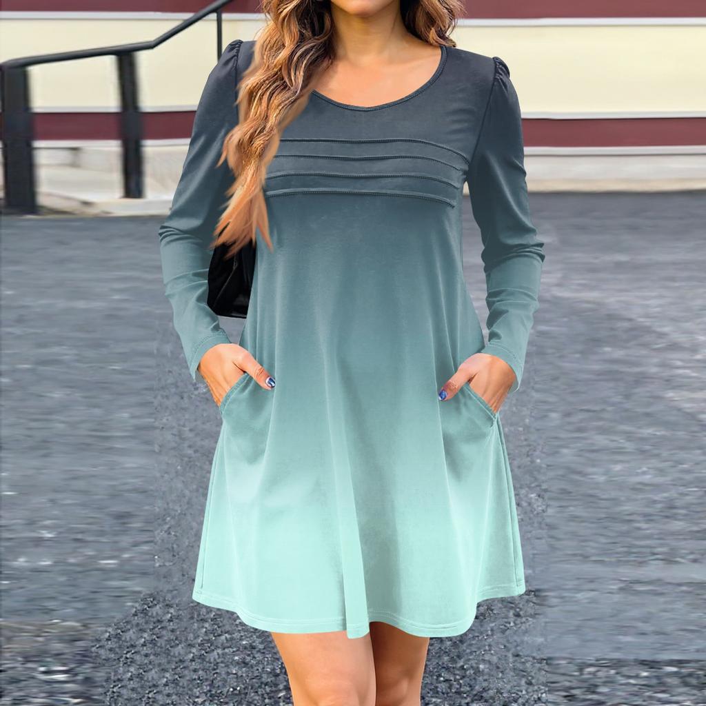 Women's Long Sleeve Dress Fall Casual T Shirt Loose Fit Pleated Front Dresses With Pockets