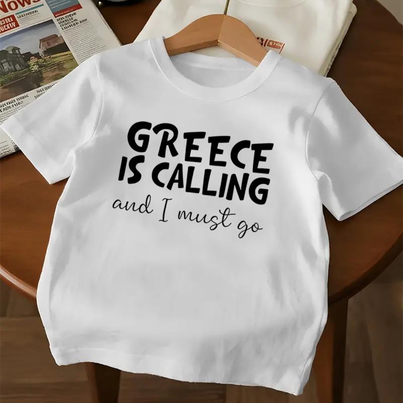 Kids  GREECE IS CALLING  Print Crewneck Short Sleeve Tee, Soft Breathable Everyday Casual Top 110 белый