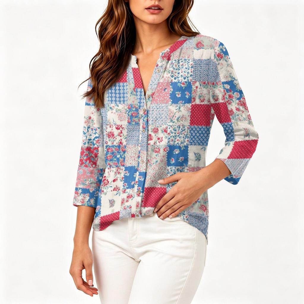 Women Vintage Floral Print Patchwork Henley Button Collar Three Quarter Sleeve Cotton Linen Shirt Casual Loose Fit Top