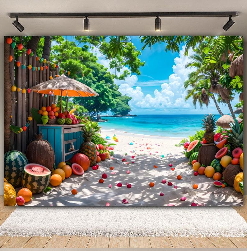 Summer Seaside Fruit Beach Palm Tree Theme Banner Background, Holiday Camping Party Decoration Photography Studio Backdrop Cloth