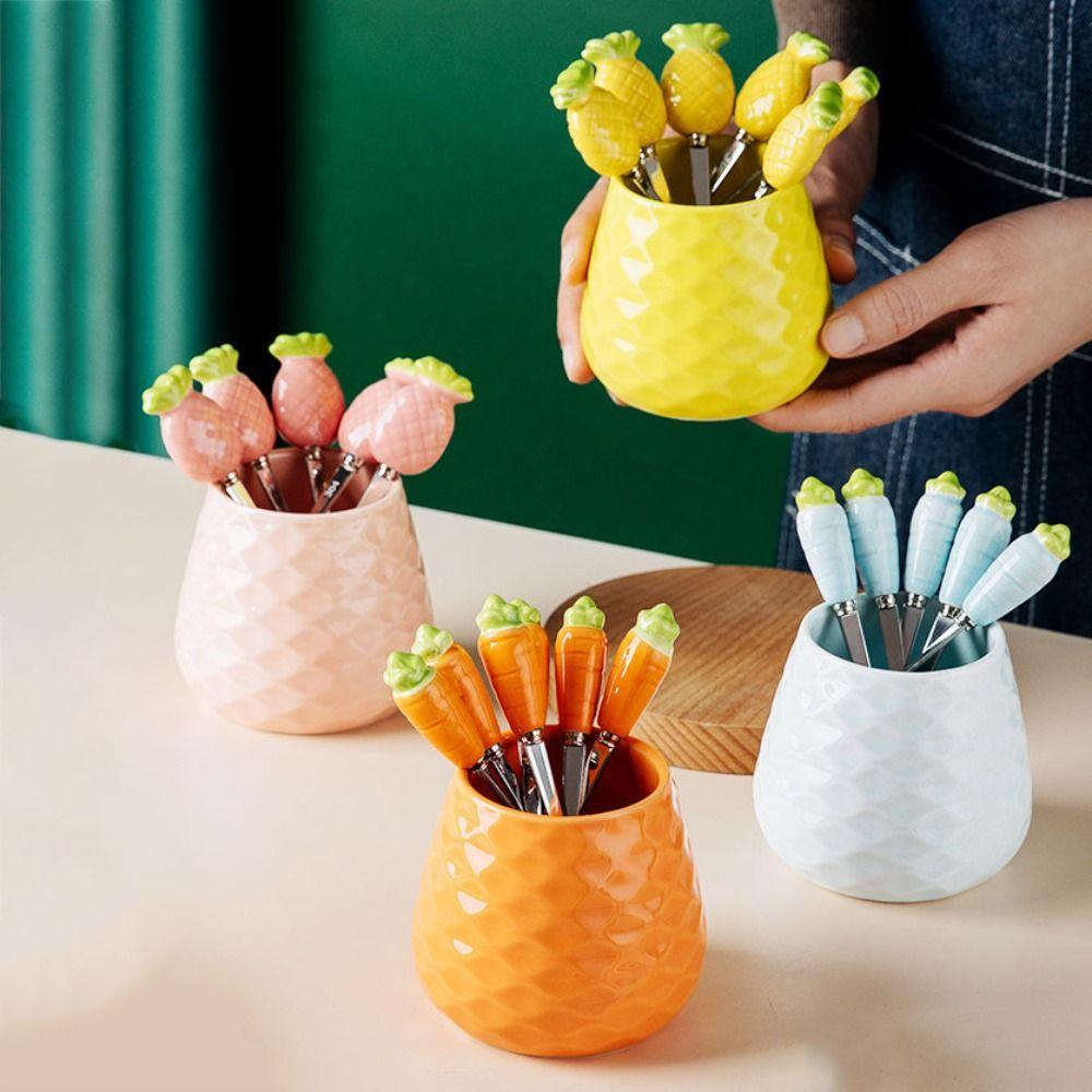 Creative Dessert Forks with Storage Jar Ceramic Fruit Forks Receipt Jar for Tasting Salad