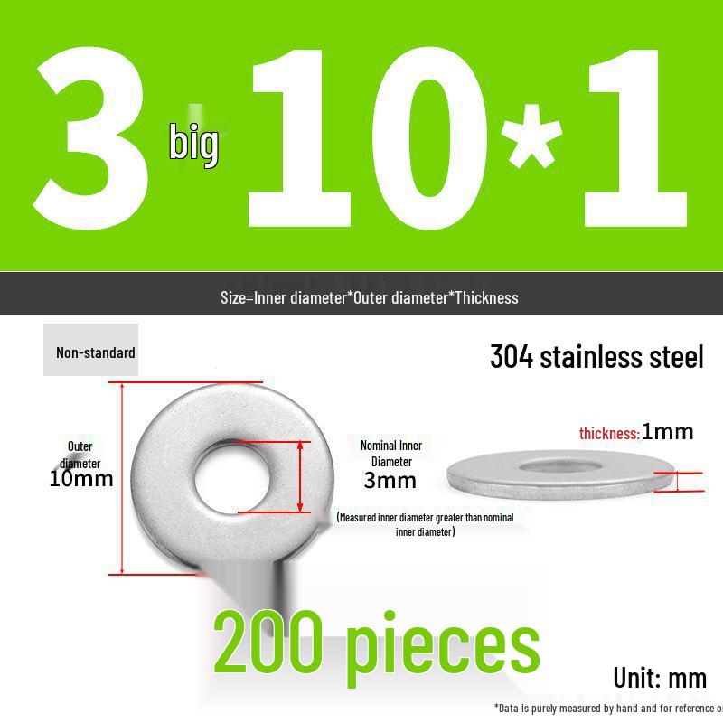 304 Stainless Steel Thickened Flat Washer Ring - Various Sizes (M1.6-M22)