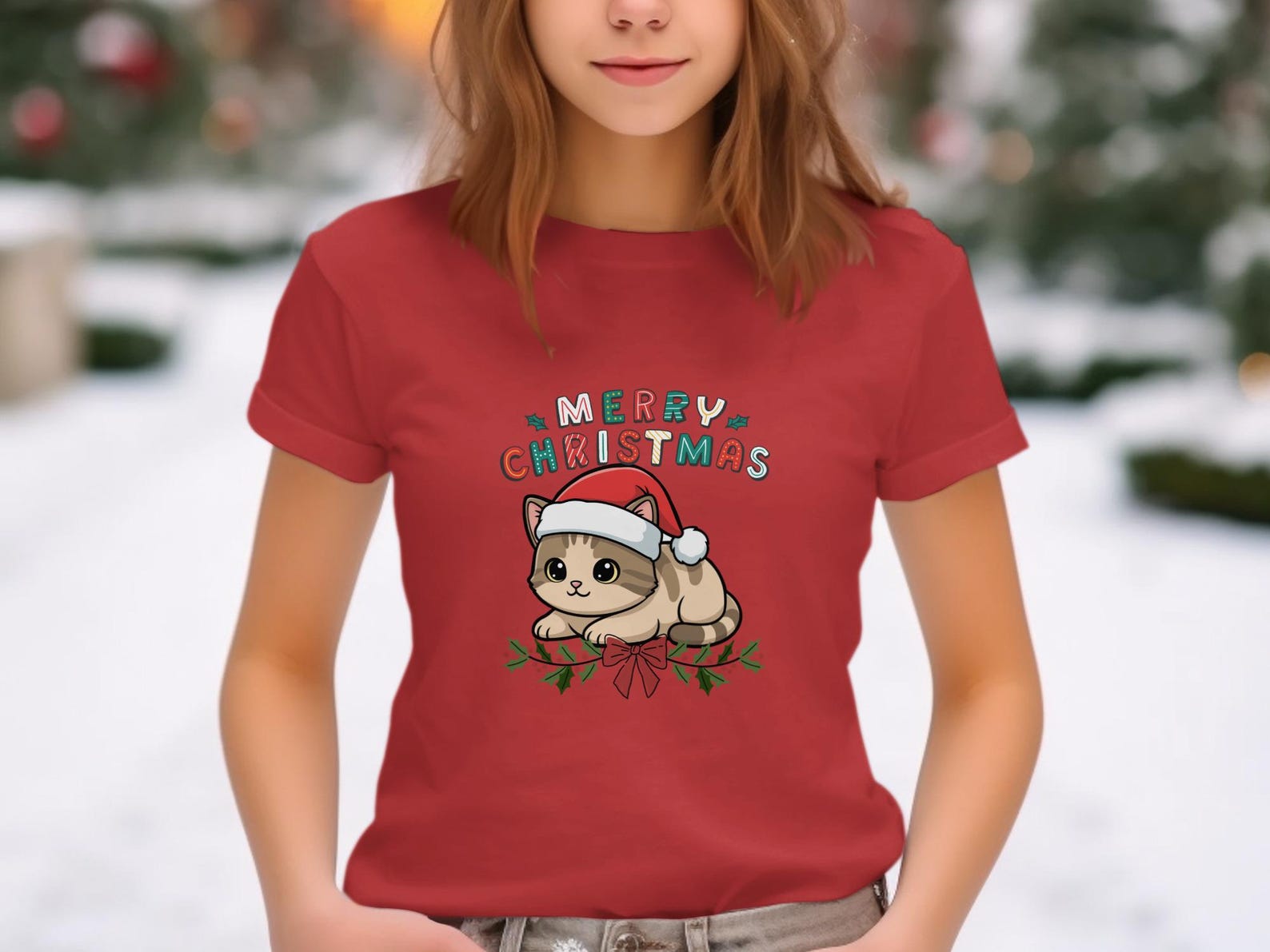 Merry Christmas Cat T-Shirt | Festive Kitten Santa Hat Holiday Tee S