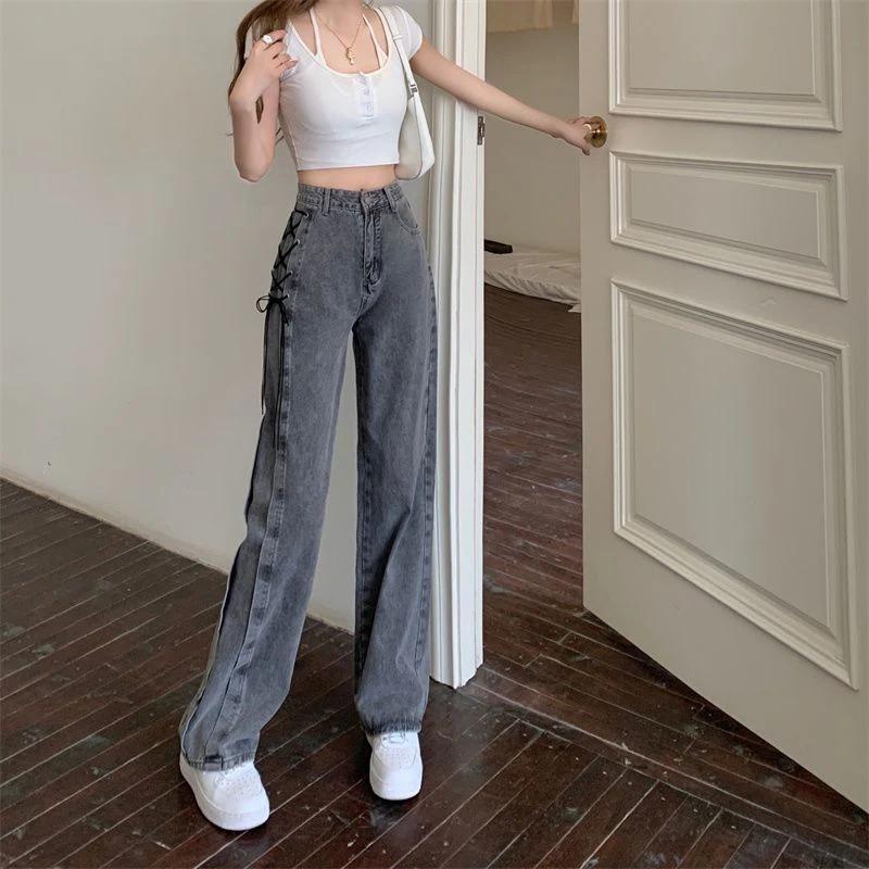 Y2K Street Women Jeans Pants American High Waist Lace Up Chic Female Casual Pants Korean Vintage Ladies Wide Leg Trousers