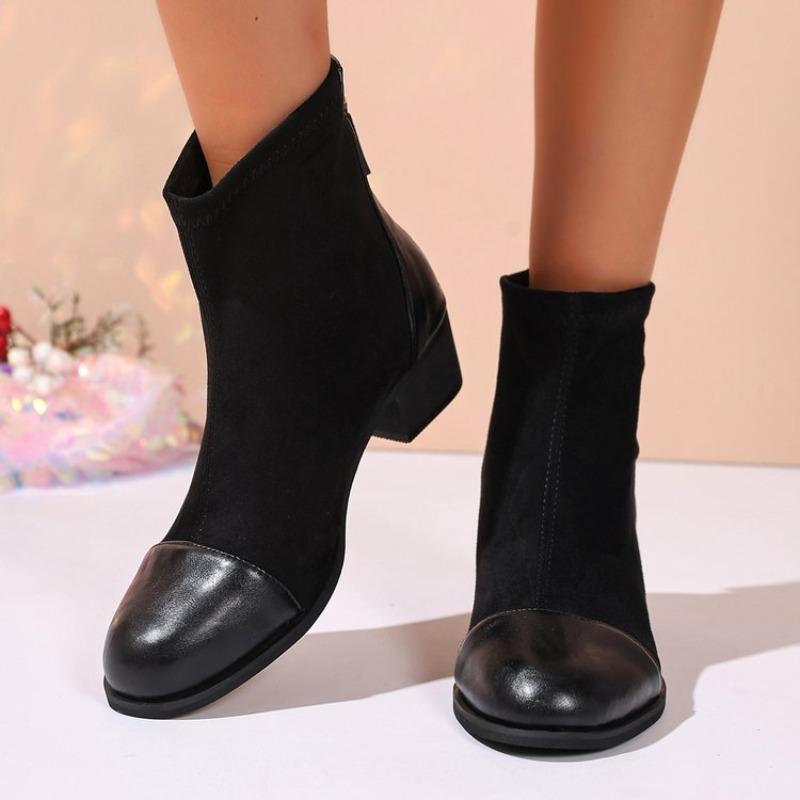 Autumn and Winter New Splicing Martin Boots Women's Round Head Fashionable and Comfortable Thin Thick Heel Zipper Short Boots
