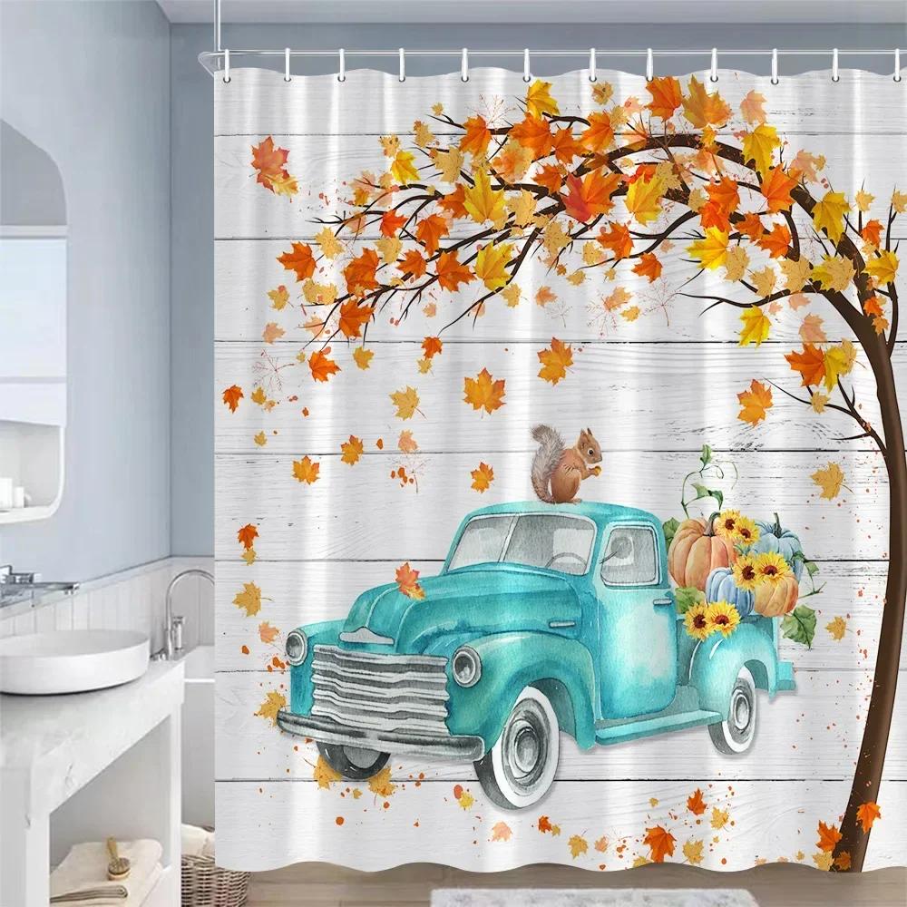 

Farm Pumpkin Sunflower Shower Curtains Maple Leaves Cat Truck Autumn Scenery Waterproof Fabric Bathroom Curtain Decor With Hooks W60H190(CM)-1 Pcs
