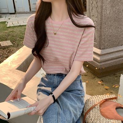 Women's Pink Beige Striped T-Shirt - Casual Short-Sleeve Crew Neck Top