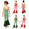 Kids Holiday Stage Performance Jumpsuit Candy Cane Stripe Halter Backless Sequin Patchwork Bell-bottom Bodysuit for Christmas Party