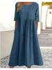 Plus Size Round Neck Solid Pleated Pocket Loose Casual Midi Comfortable Dress S-5XL Lightweight Recognition Elegant with Flattering Chic Dress
