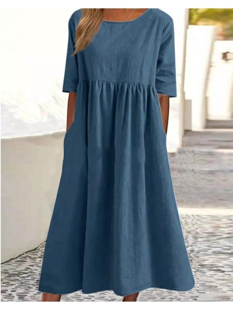 Plus Size Round Neck Solid Pleated Pocket Loose Casual Midi Comfortable Dress S-5XL Lightweight Recognition Elegant with Flattering Chic Dress