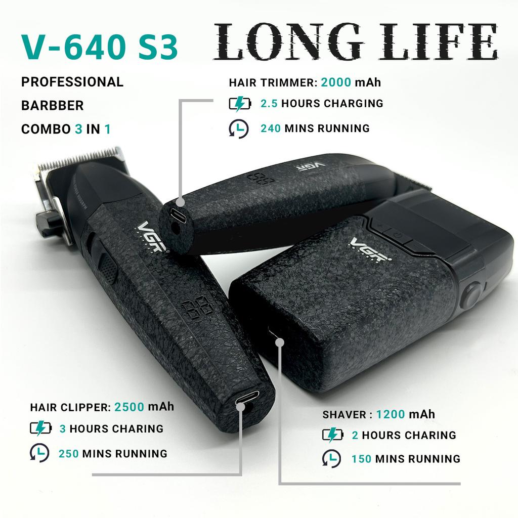VGR V-640 S3 Hair Trimmer Professional Hair Cutting Machine Electric Shaver Cordless Barber Clipper Rechargeable Trimmer Digital Display LED Shaver