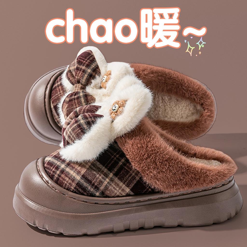 Cotton slippers winter indoor thickened bottom bow cute velvet warm outer wear fluffy slippers