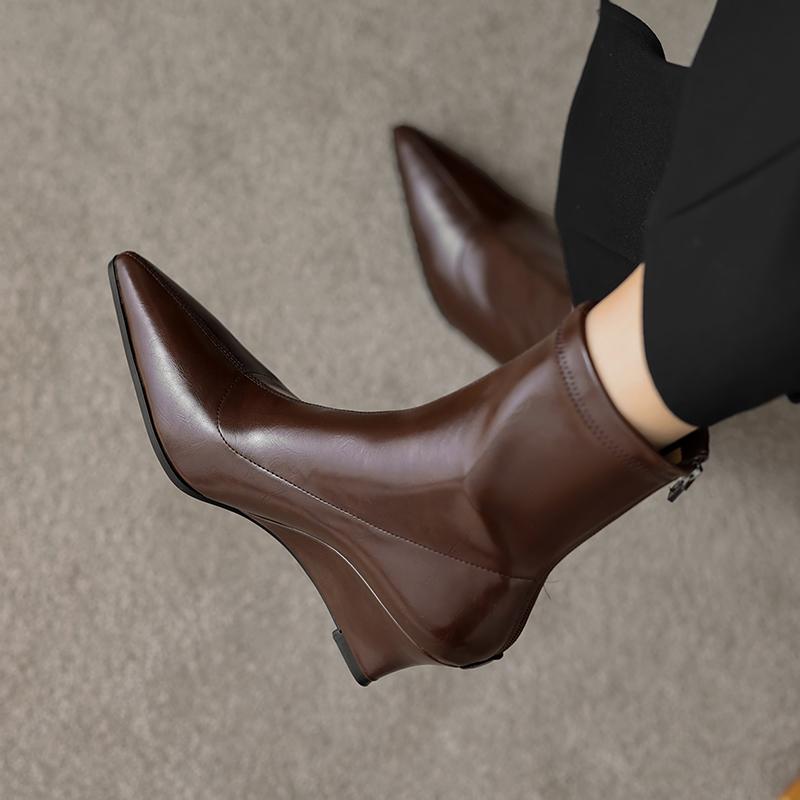 Fashion 2025 New Autumn Women Boots Pointed Toe Wedges Modern Boots Microfiber Women Shoes Short Boots High Heels Stretch Shoes