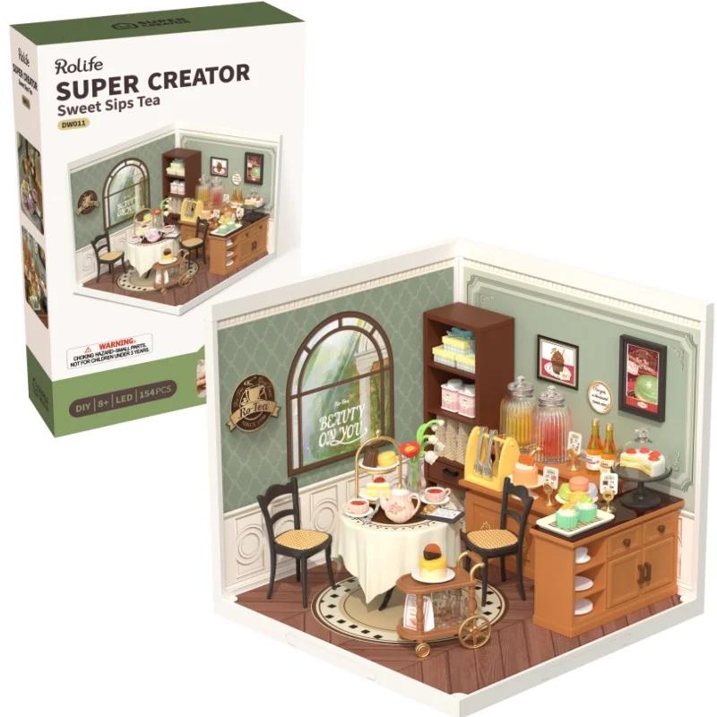 Robotime DIY Miniature House Kit Dollhouse Model Kit with LED Burger Shop And Leisurely Cheers Bar And Sweet Sips Tea