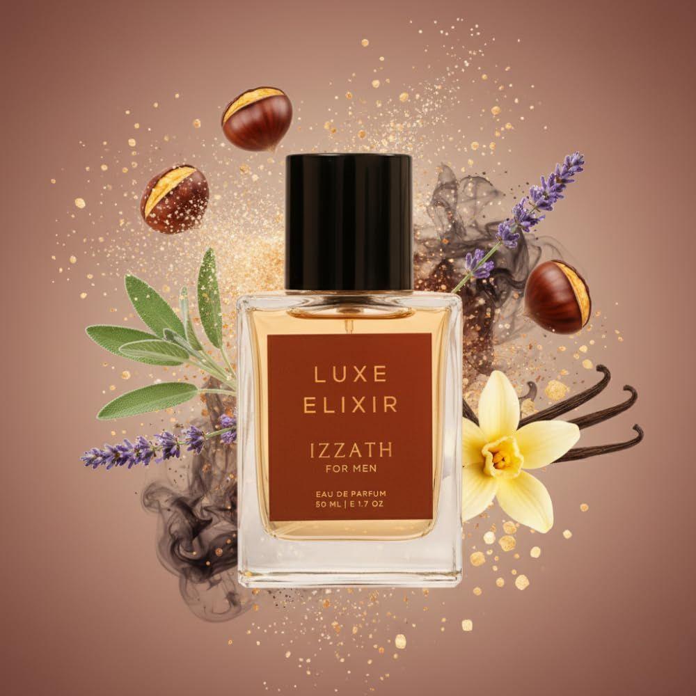 IZZATH Luxe Elixir Eau De Parfum 50ml | Luxury Men’s Perfume with Chestnut, Sugar, Sage, Lavender, Vanilla & Smoke |