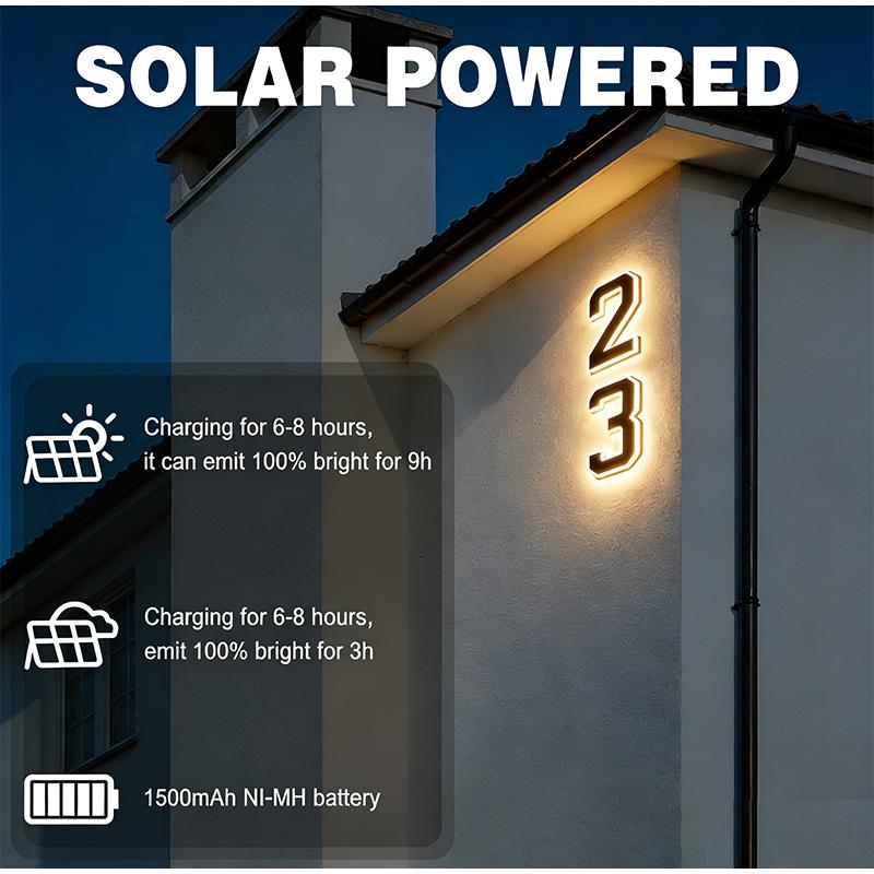 Waterproof Solar House Number Light Modern LED Address Sign with Light Sensor for Outdoor Home Door Yard Wall Decoration Use Set