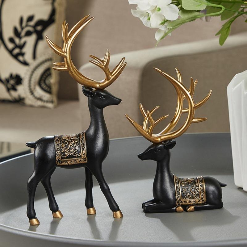 2pcs/Set Deer Statue, Golden Deer Christmas Decor, Elk Resin Reindeer Lucky Deer Sculptures For Work Desk Decor