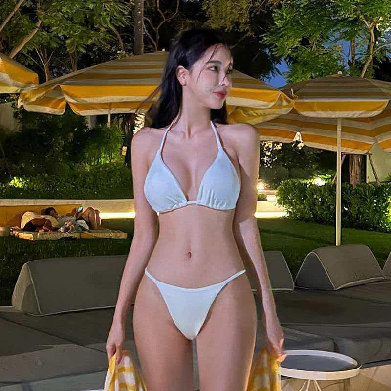 2024 Korean Style Push-Up Bikini for Women - Sexy Back, Large Bust, Solid Color Two-Piece