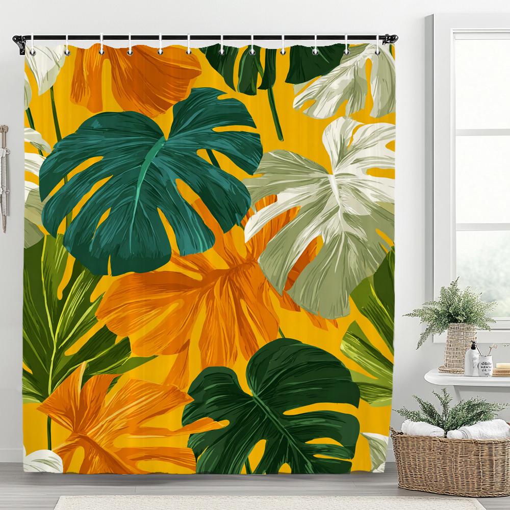 Tropical Plant Leaves Shower Curtain for Bathroom Romantic Wildflower Plants Nature Scenery Decorative Curtain Set with Hooks