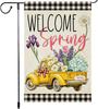 Welcome Spring Garden ag 12x18 Inch Double Sided with Yellow Truck, Daisies, Tulips, Hydrangeas, and Black & White Pla YYQ GGO