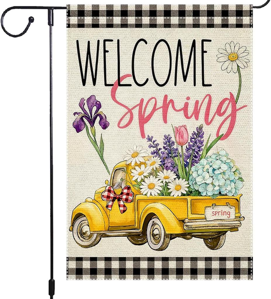 Welcome Spring Garden ag 12x18 Inch Double Sided with Yellow Truck, Daisies, Tulips, Hydrangeas, and Black & White Pla YYQ GGO