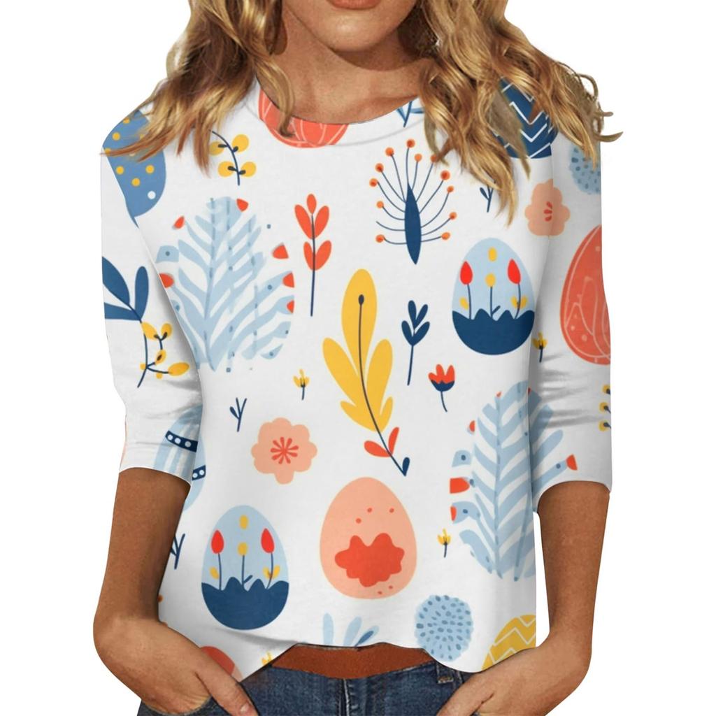 Damen Osterhasen T-Shirt Mode Langarm Rundhals Normales Oberteil Feiertagswochenende Print Floral Rot Frühling Herbst Outfit