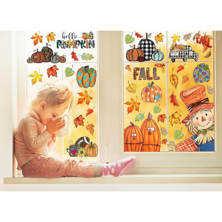 Fall Window Clings Decorations for Glass Fall Watercolor Pumpkin Maple Leaves Scarecrow Truck Window Stickers for Autumn Thanksgiving Harvest Party