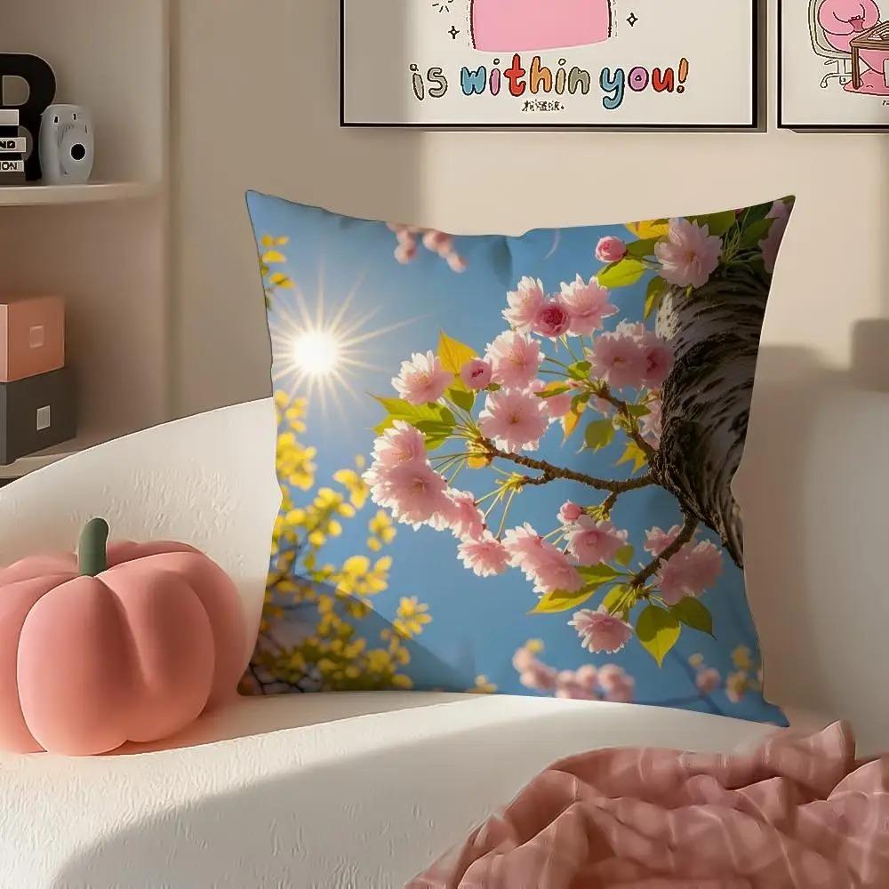 Each Skin Pillow Cover 2D Flat Printed Pink Cherry Blossom Sakura Cushion Cover Spring Floral Home Decor For Sofa Living Room