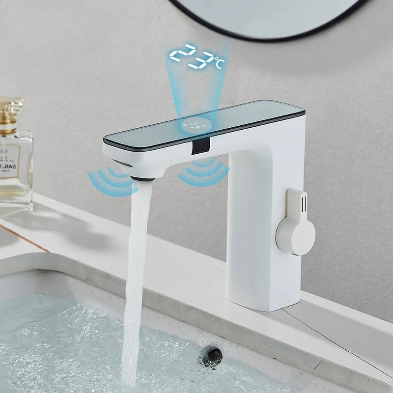 White Smart Sensor Basin Faucet Screen Digital Display Hot Cold Water Mixer Tap Touchless Vanity Sink Faucet For Bathroom