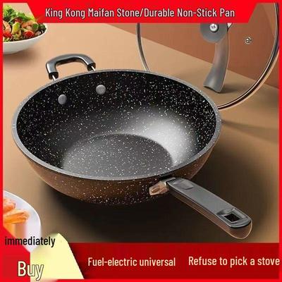 Maifan Stone Non-Stick Flat Bottom Wok for Induction & Gas, Smoke-Free, Oil-Free, Lightweight Iron Frying Pan.
