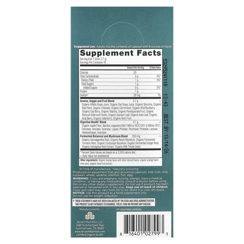 Ancient Nutrition Organic Super Greens, Mango, 16 Portable Stick Packs, 0.3 Oz (7.7 G) Each
