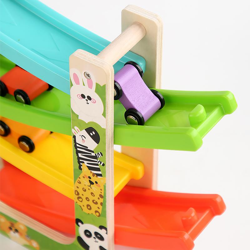 Wooden Animal Model Track Glider Set - 4 Tier Car Ramp Kids Toys Fun Traffic And Animal Themed Games Fun Track Car Puzzle Toys