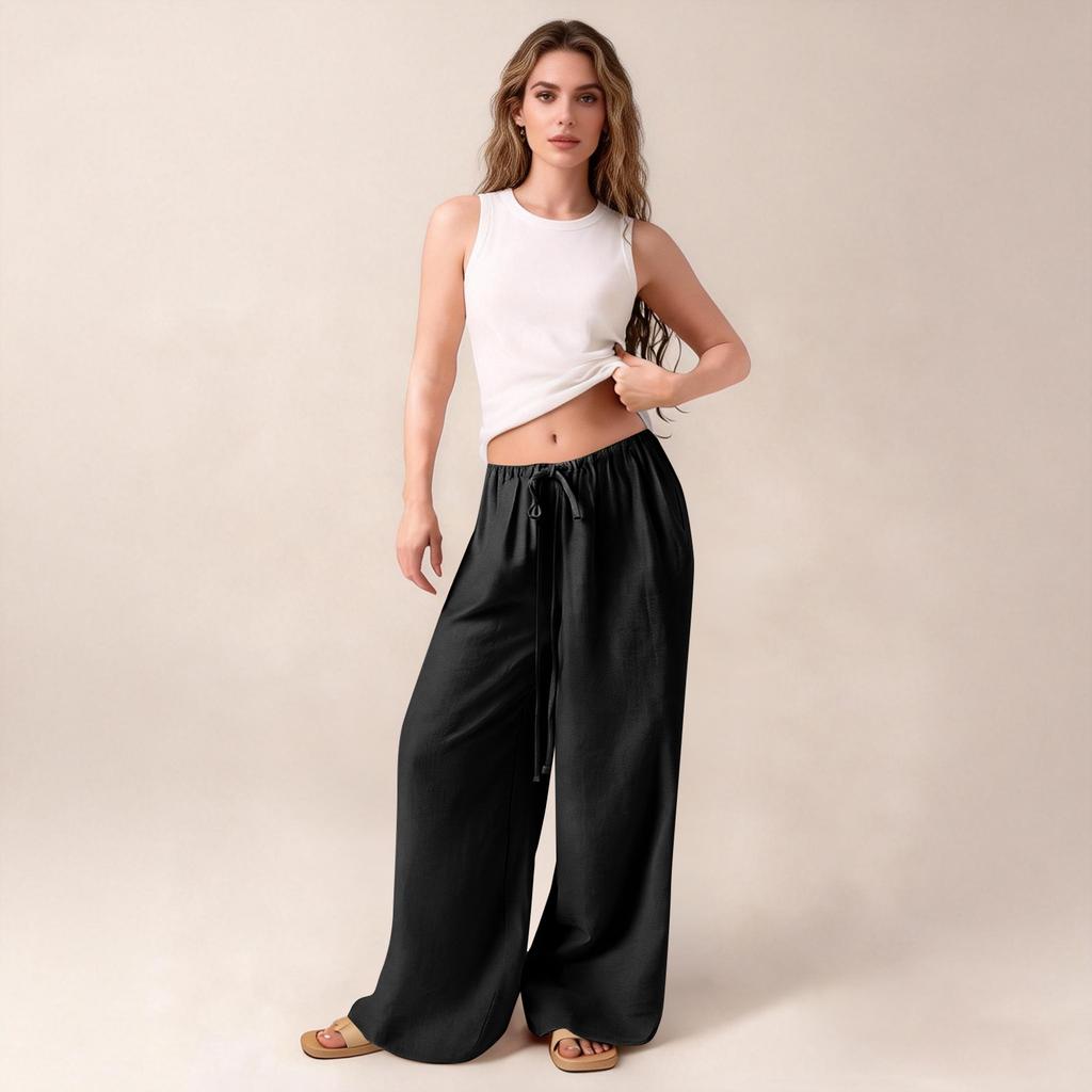 Women's Loose Wide-Leg Pants Casual Loose Cotton Linen Pants With Drawstring No Pocket