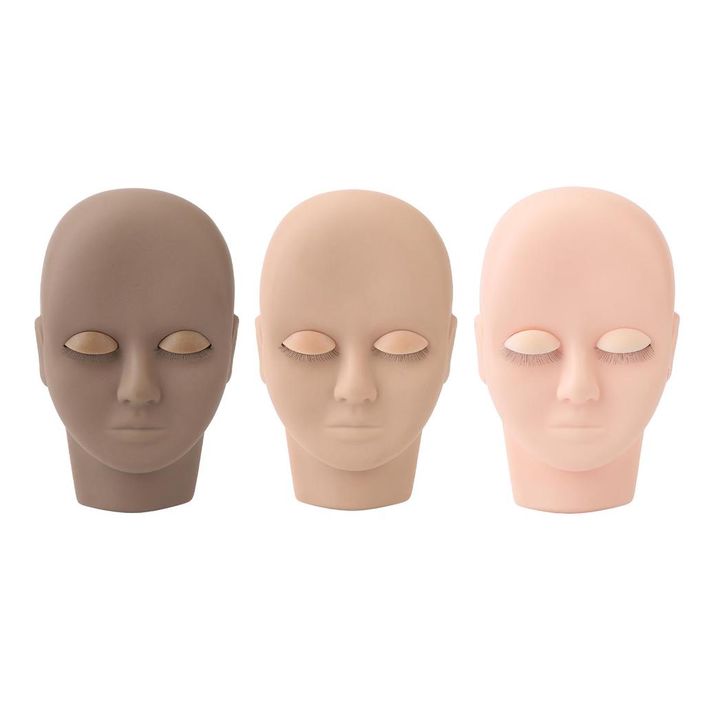 3pcs Eyelash Extension Face Mannequin Removable Eyelids Makeup Practice Face Model Dark Brown Light