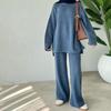 Women Casual Solid Color Knit Sweater Two Piece Set Autumn Winter Thick Round Neck Loose Pullover Wide Leg Pants Matching Sets