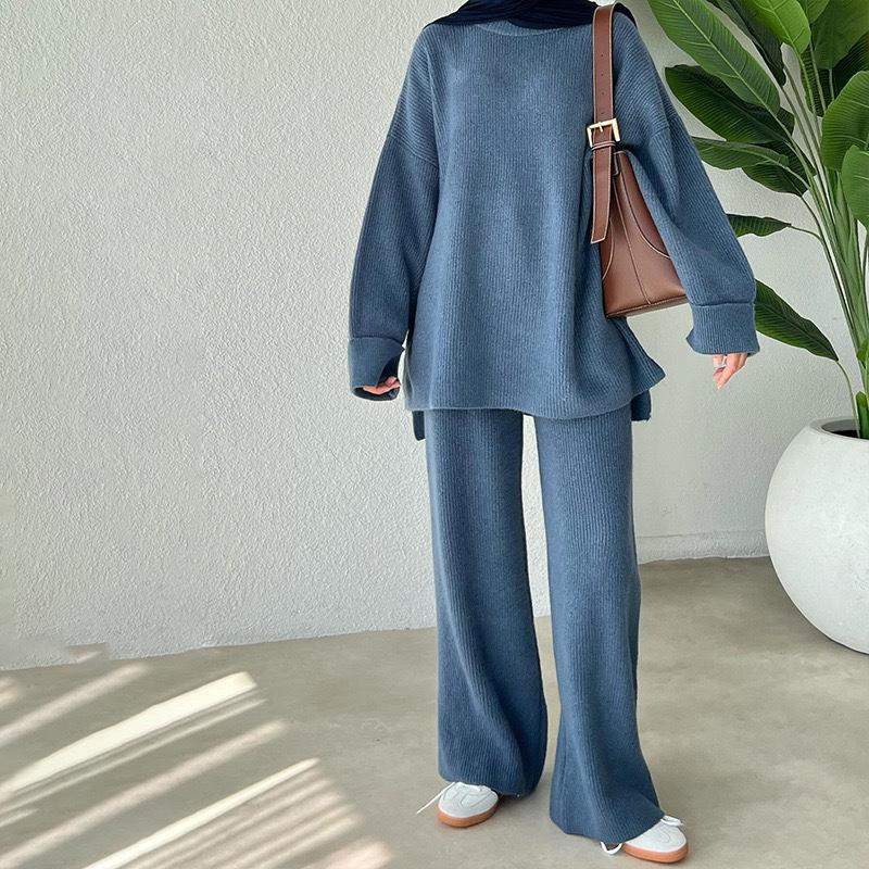 Women Casual Solid Color Knit Sweater Two Piece Set Autumn Winter Thick Round Neck Loose Pullover Wide Leg Pants Matching Sets