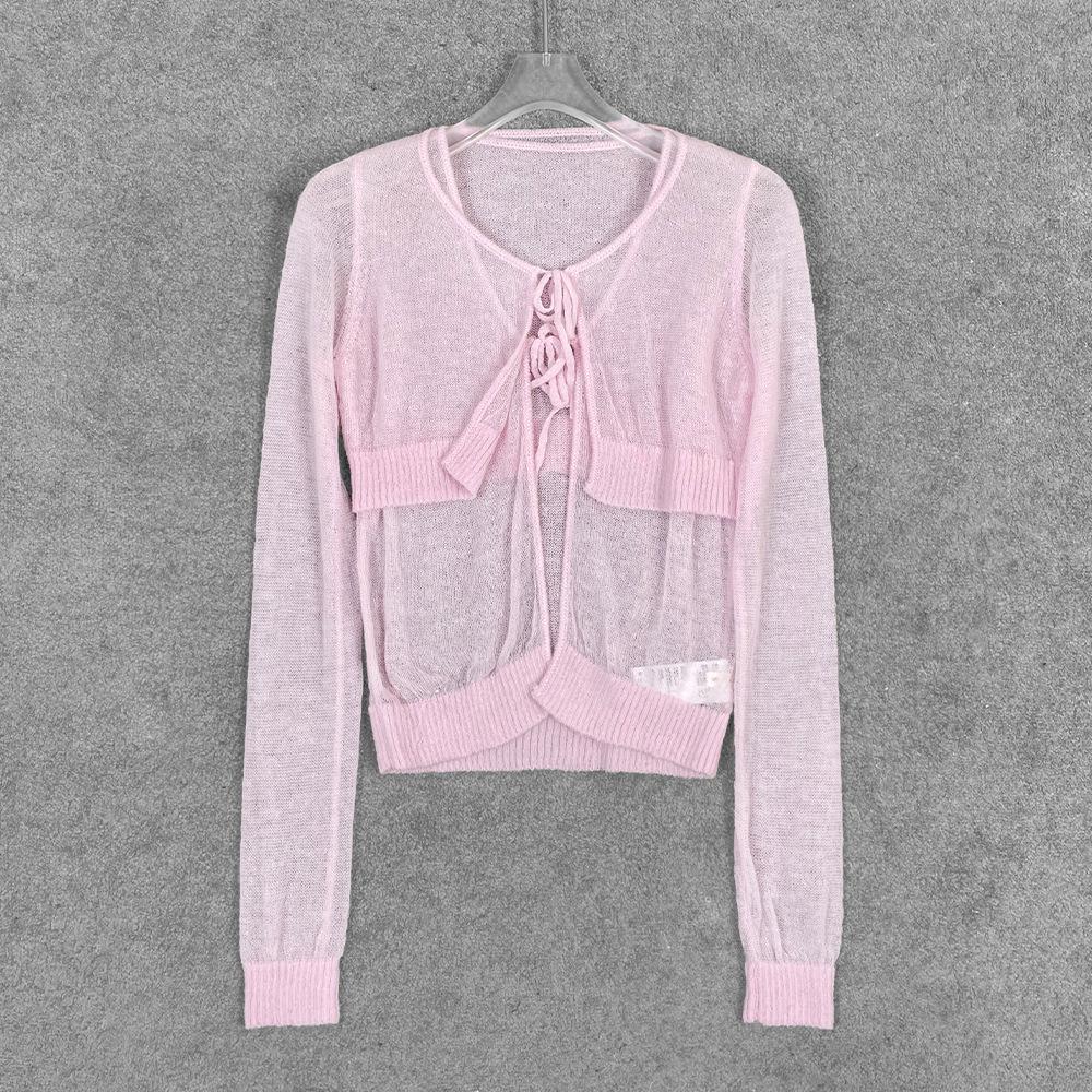 

Nanyou Women s Mist Lace-Up Two-Piece Long Sleeve Knitted Cardigan Top Small